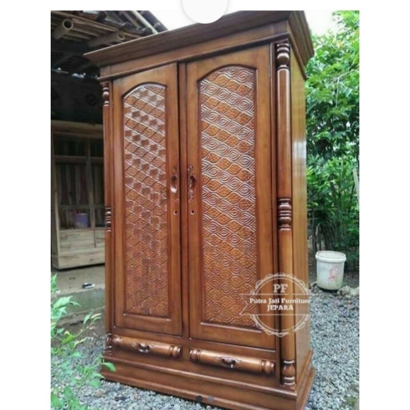 Lemari pakaian kayu jati - Almari pintu 2 ukir Jepara