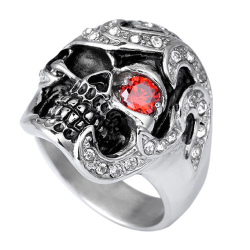 SEUSUK  Vintage Fashion Gothic Punk Ruby Evil Eye Cubic Zircon Skull Ring Jewelry