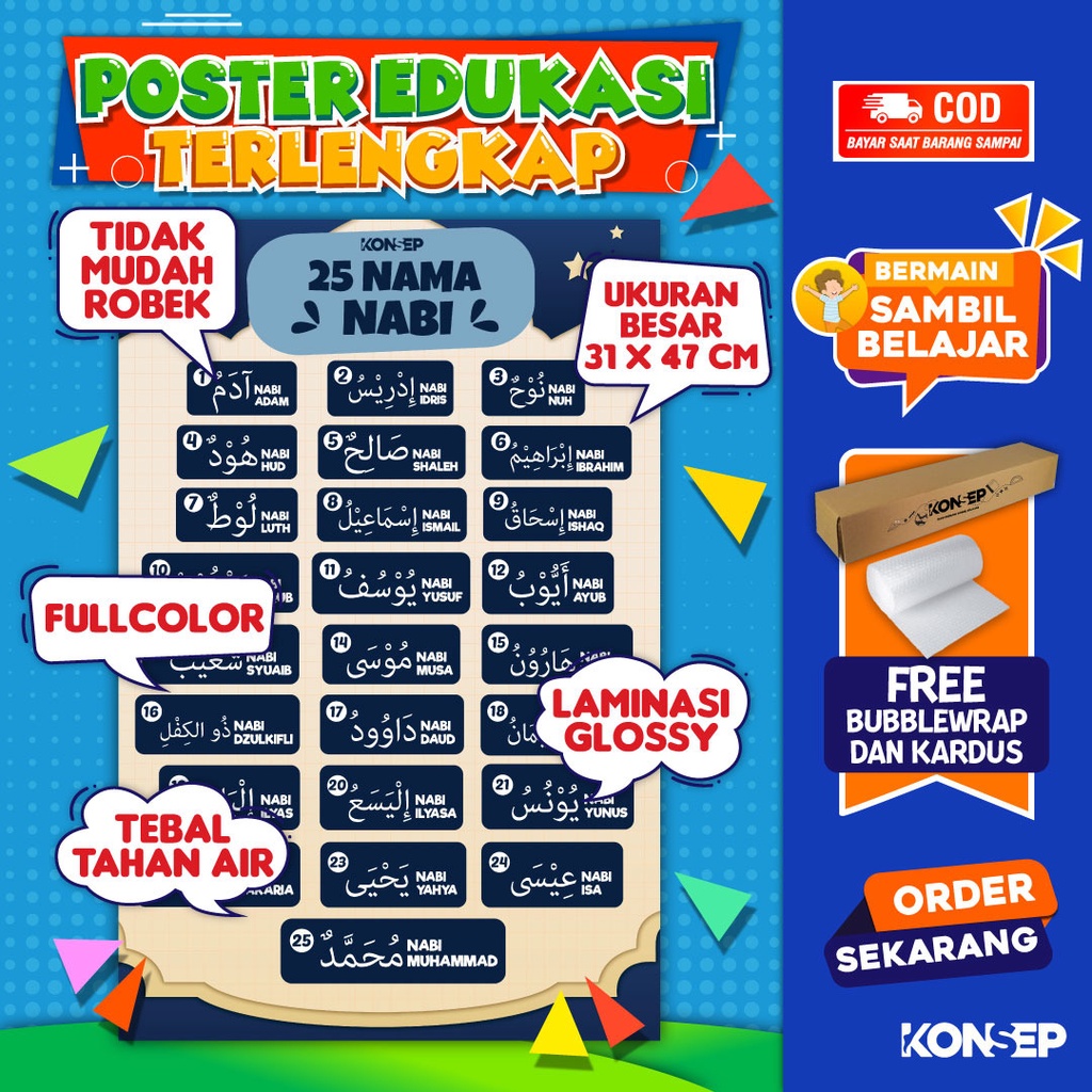 Konsep Poster Edukasi Pendidikan Anak Belajar 25 Nama NABI Paud Balita TK Toodler SD Laminasi Glossy Tahan Air