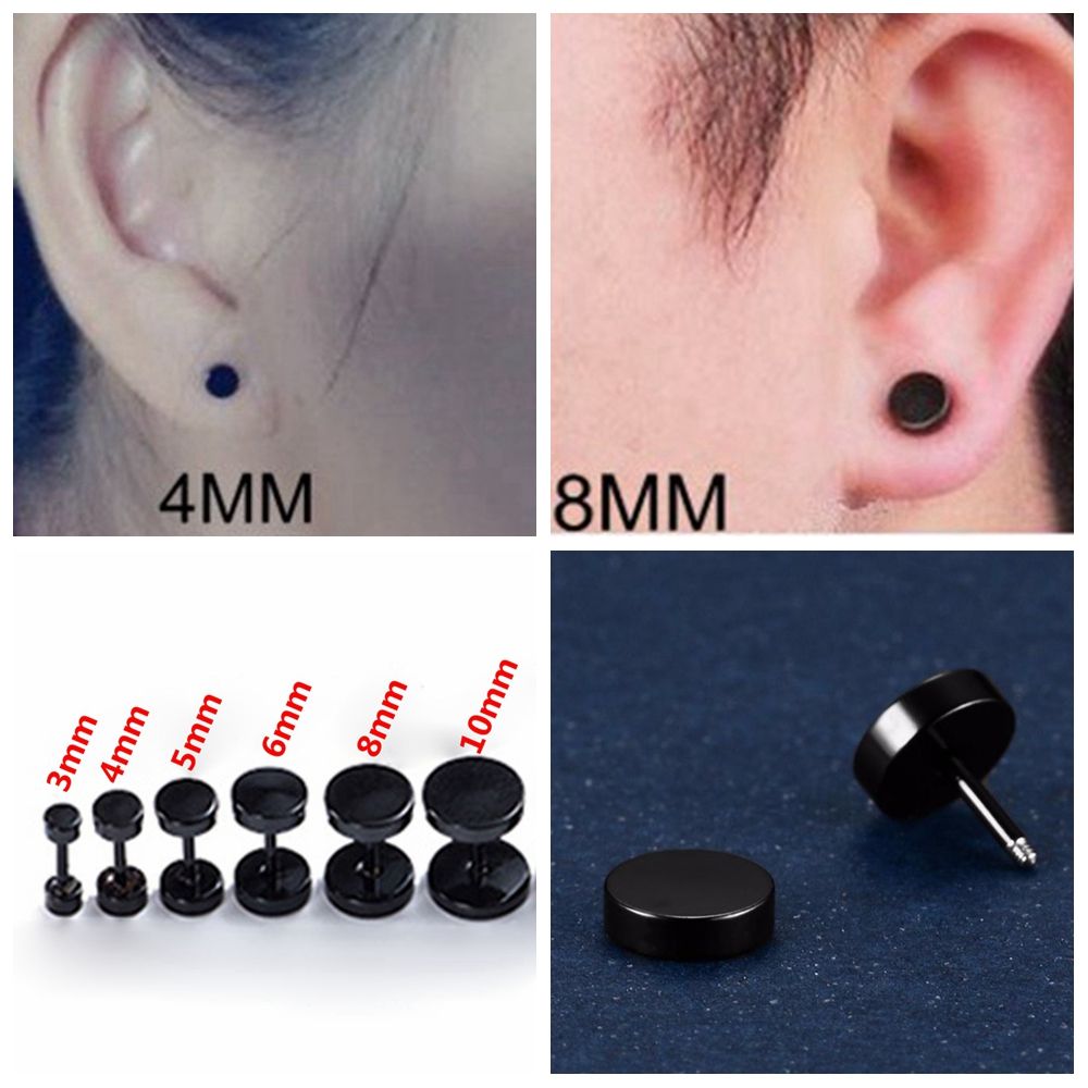 1 Pasang Anting Stud Bentuk Bulat Bahan Stainless Steel Multi Ukuran Warna Hitam Untuk Unisex