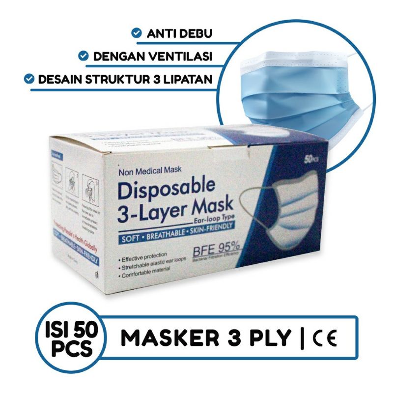 MASKER 3 PLY MASKER EARLOOP MASKER NON MEDIS DISPOSABLE FACE MASK 1 BOX ISI 50 PCS