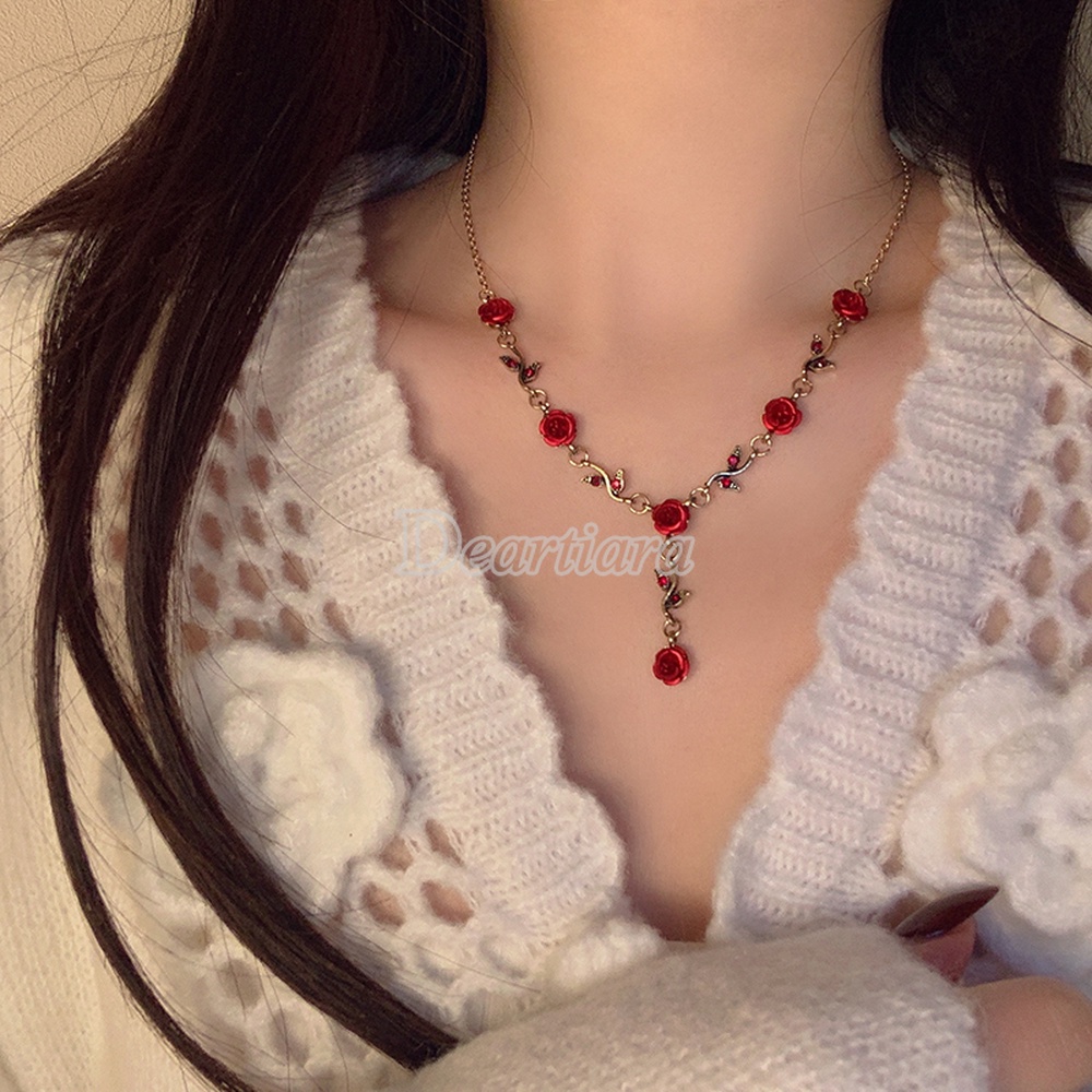 Kalung Rantai Dengan Liontin Bunga Mawar Merah Gaya Retro Perancis Untuk Wanita