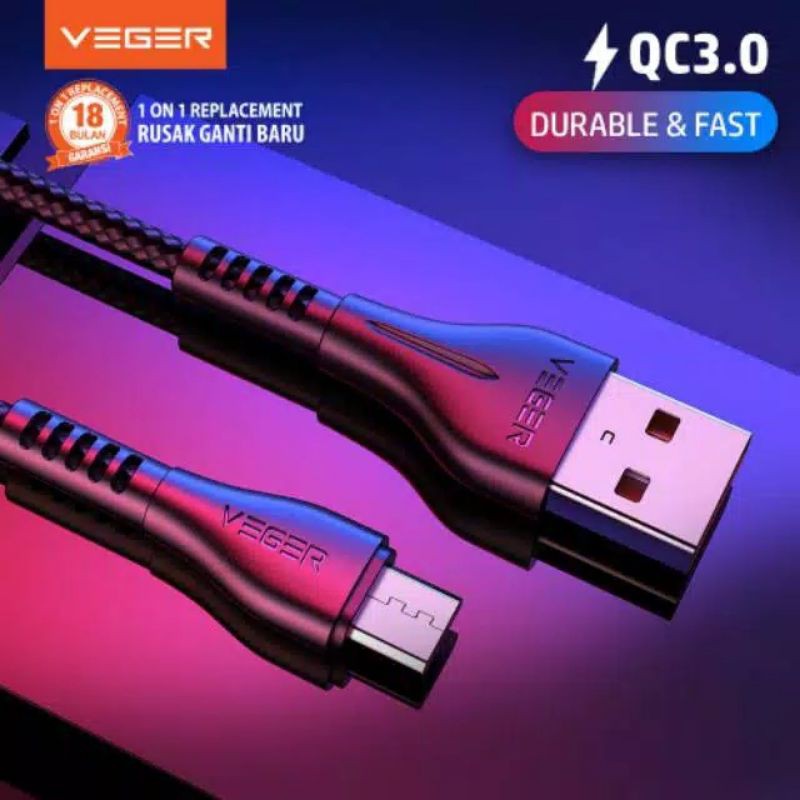 KABEL DATA CASAN USB MURAH VEGER UFO MICRO QC 3.0A FAST CHARGING CABLE CABEL USB  MICRO PER PCS