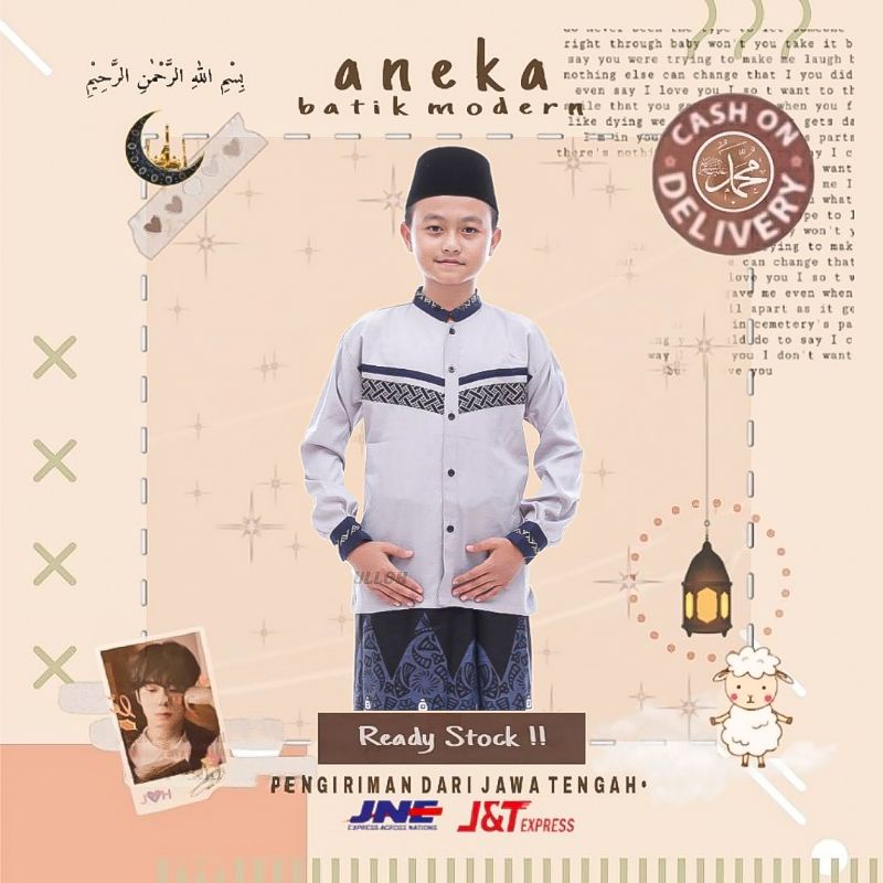 ATASAN BAJU MUSLIM ANAK PRIA LENGAN PANJANG KOKO ANAK MOTIF KOBATA WARNA PUTIH ABU ABU GREY GRAY MER