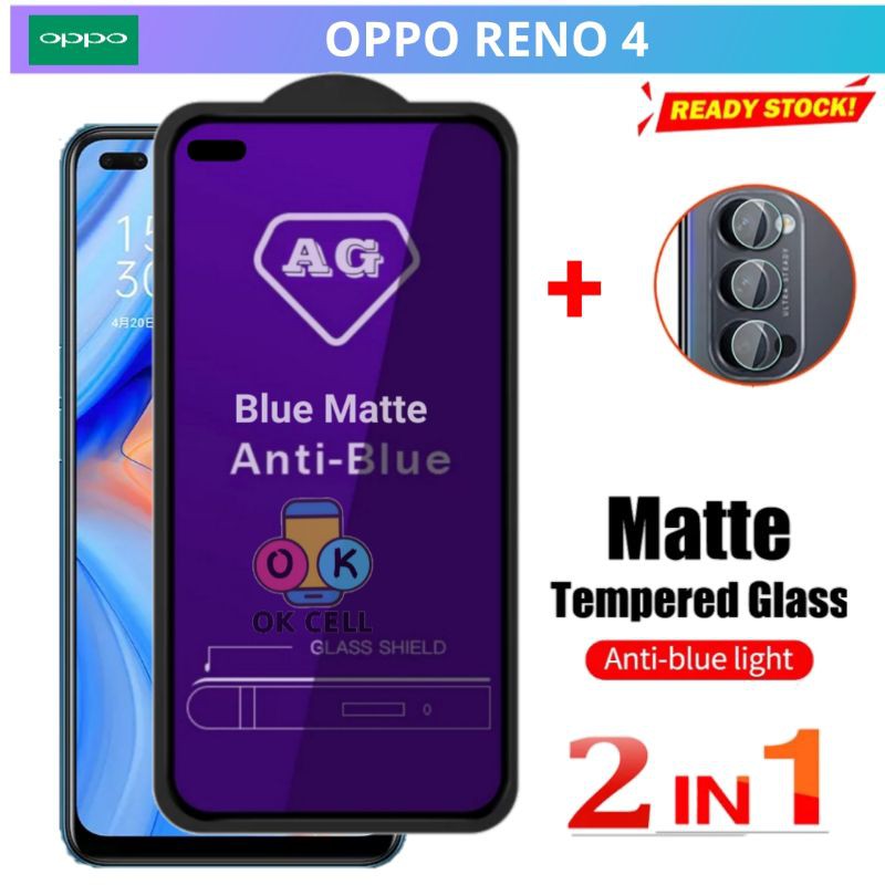 2IN1 - Tempered Glass Anti Blue Matte Light Oppo Reno 4 - TG Anti Gores Full Layar Kamera Oppo Reno4