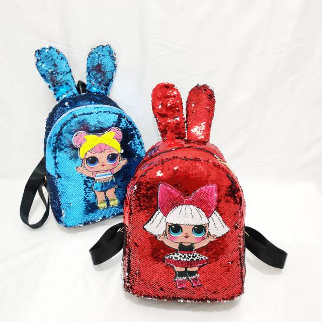 RANSEL SEQUIN TAS  LOL  USAP GLITTER TELINGA KELINCI LED  