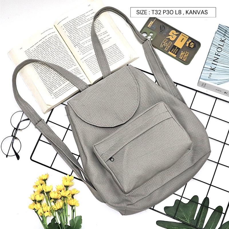 Bayar di Tempat COD Tas Ransel Serut Bahan Kanvas KANTONG Depan Ukuran Medium tas punggung wanita-Warna 694