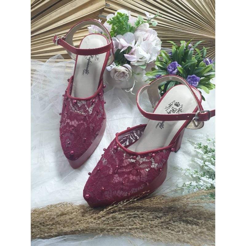 sepatu purri merah maroon tahur mutiara tali diamont 12cm