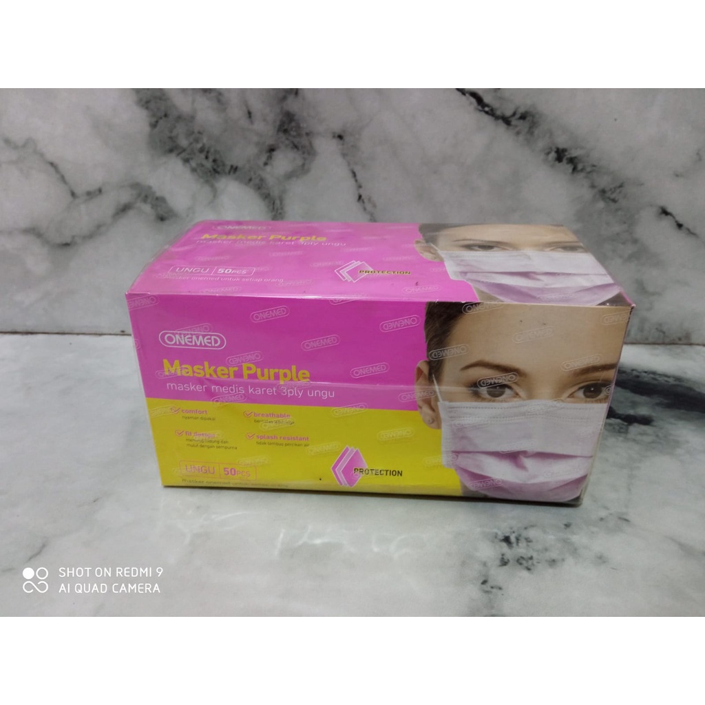 MASKER ONEMED Medis Box 50 Pcs 3Ply Bedah - Warna Pink, Putih, Ungu, Abu Grey Daily Use 3 Lapisan Earloop