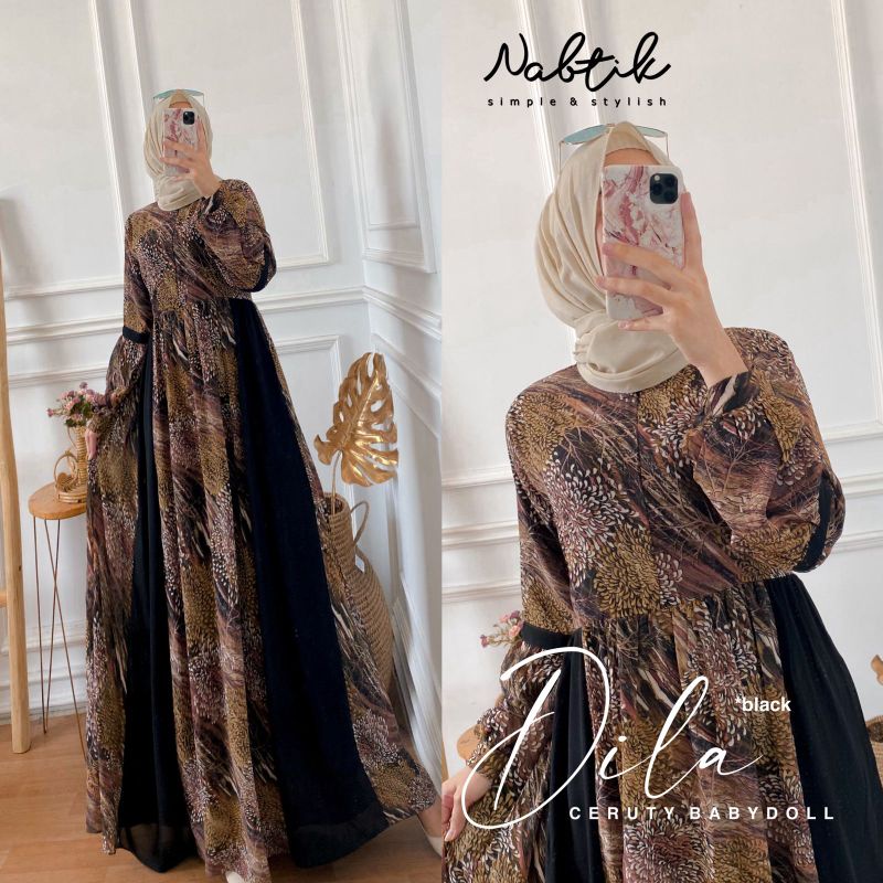 Dila gamis terbaru original nabtik berlabel, redy stok kakak
