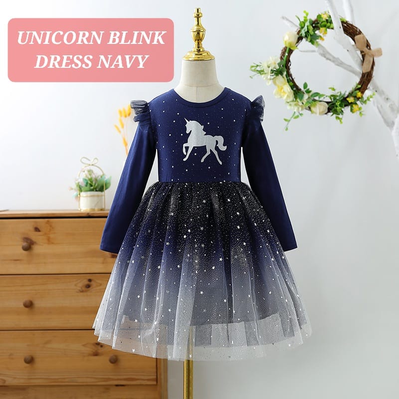 UNICORN BLINK DRESS NAVY BAJU DRES PESTA ANAK PEREMPUAN KOREA IMPORT LENGAN PANJANG