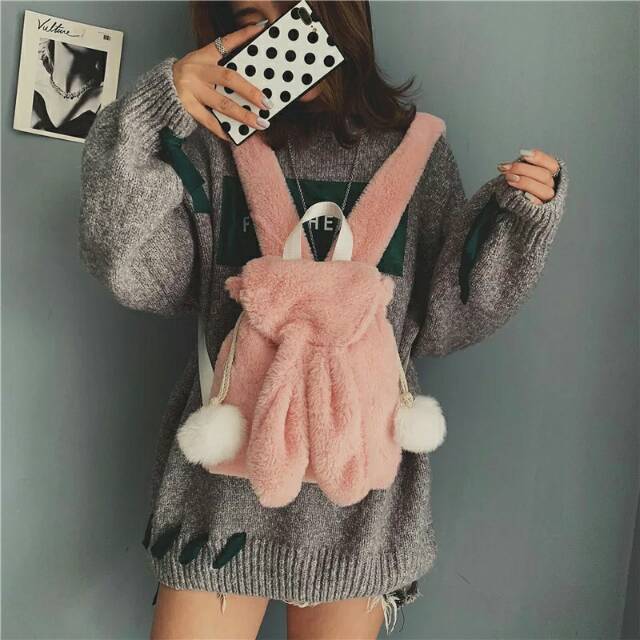 Tas Ransel Pikaboy Lucu Boneka Pompom Rabbit-Tas Ransel Wanita  Backpack Wanita gemoy