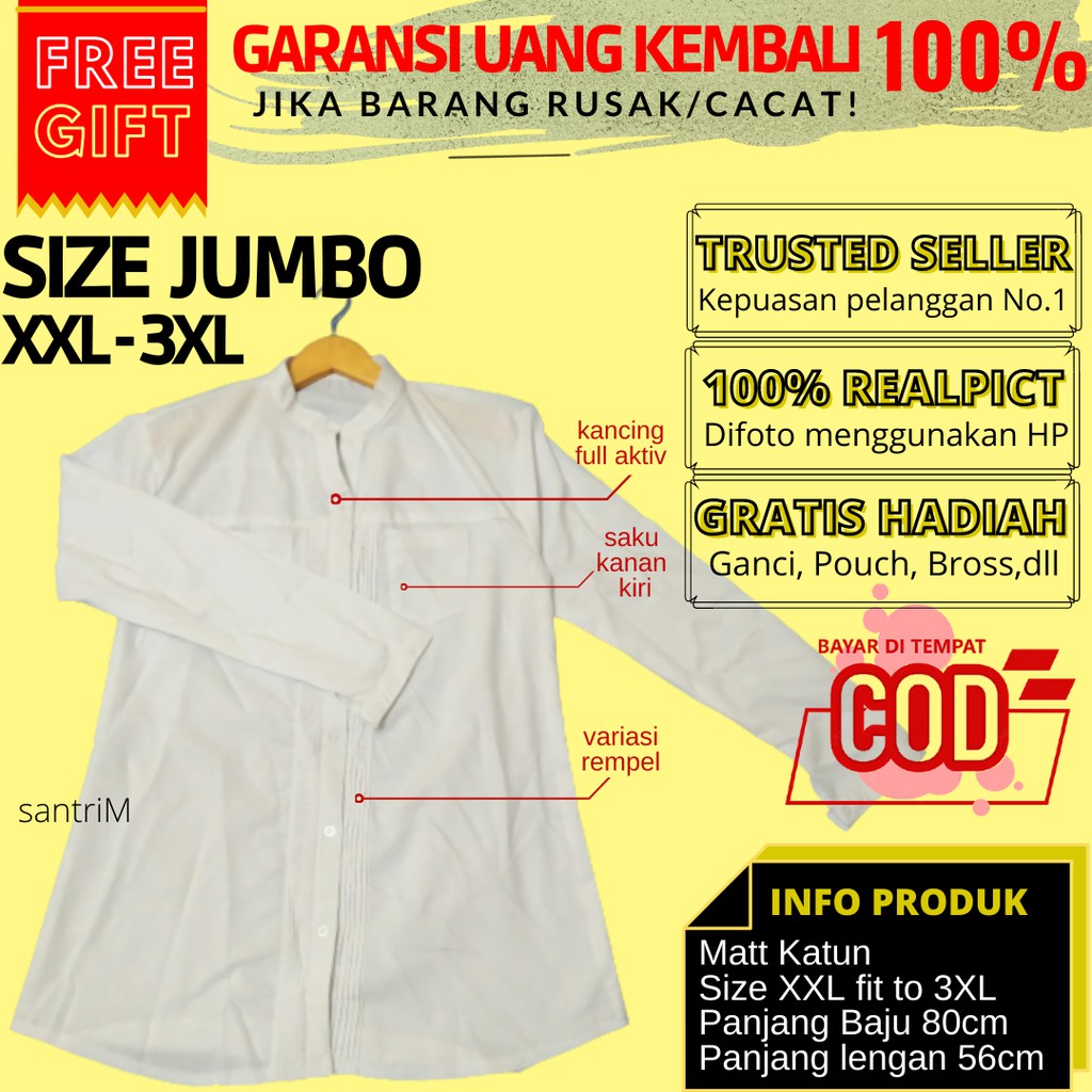 Kkemeja Putih Wanita Lengan Panjang Jumbo XXL 3XL Atasan Santri Baju Santri Blouse Kemeja Kekinian