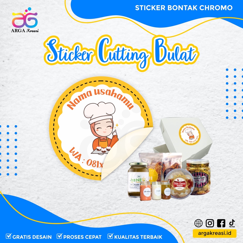 

Stiker Label Makanan Custom Free Design Cetak Sticker Kemasan Kue Snack Chromo Cutting Bulat Logo Olshop Kiss Cut Glossy