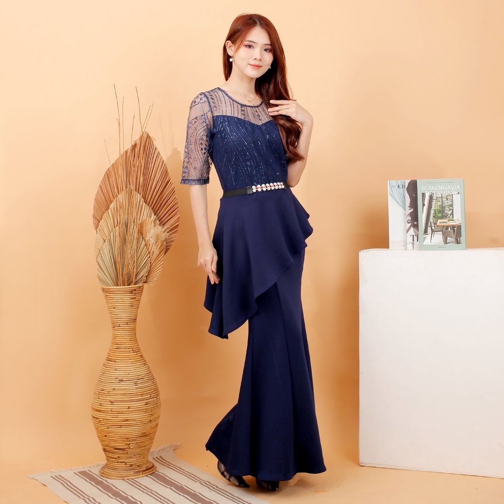 kathryn collection # 4873 , LONG DRES BAHAN SCUBA KOMBINASI TILE SUGAR CANDY FREE BELT MUTIARA