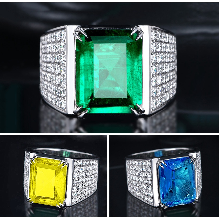 Sapphire Cincin Pria Bahan Titanium Steel S925 Hias Kristal Emerald Sapphire Untuk Pernikahan