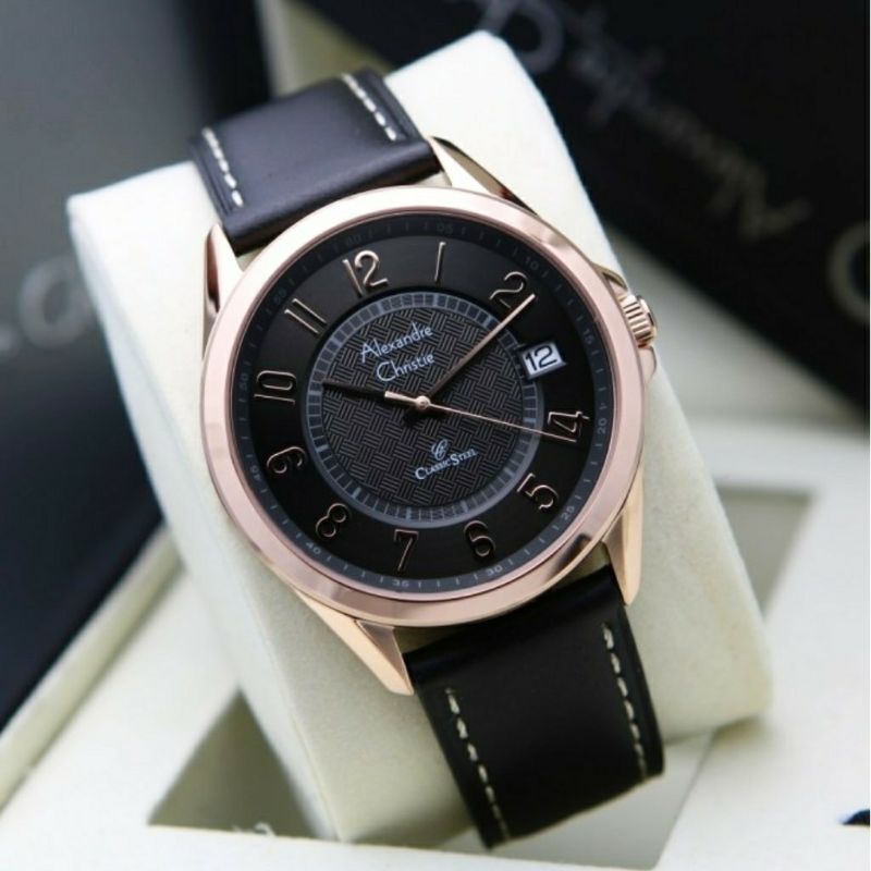 Alexandre Christie Original AC8649 Jam Tangan Pria Tali Kulit hitam Rosegold