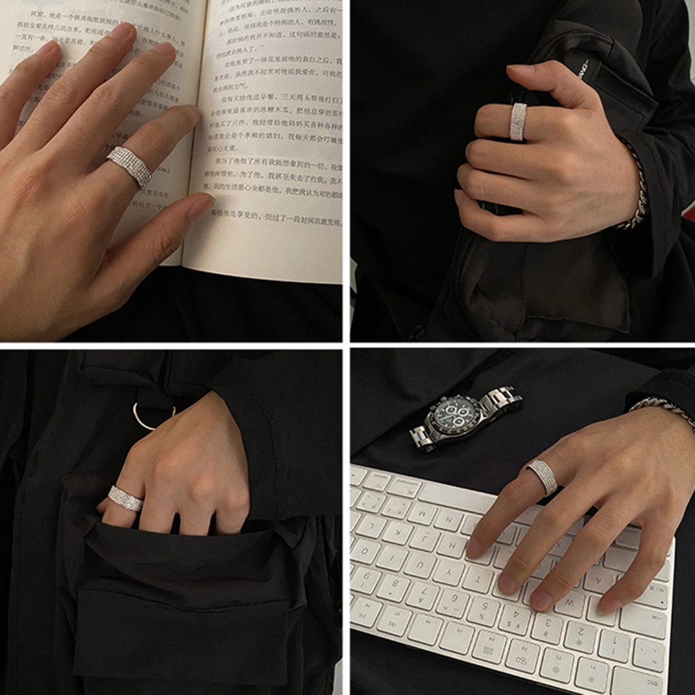 1 pcs Fashion Ringan Mewah Stainless Steel Mengkilap Berlian Imitasi Cincin Perak untuk Pria dan Wanita