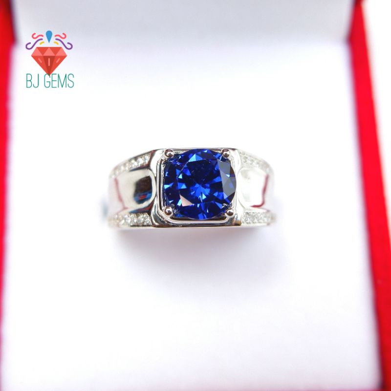 Cincin Pria Perak Asli Batu Blue Tanzanite Cubic Zirconia High Quality