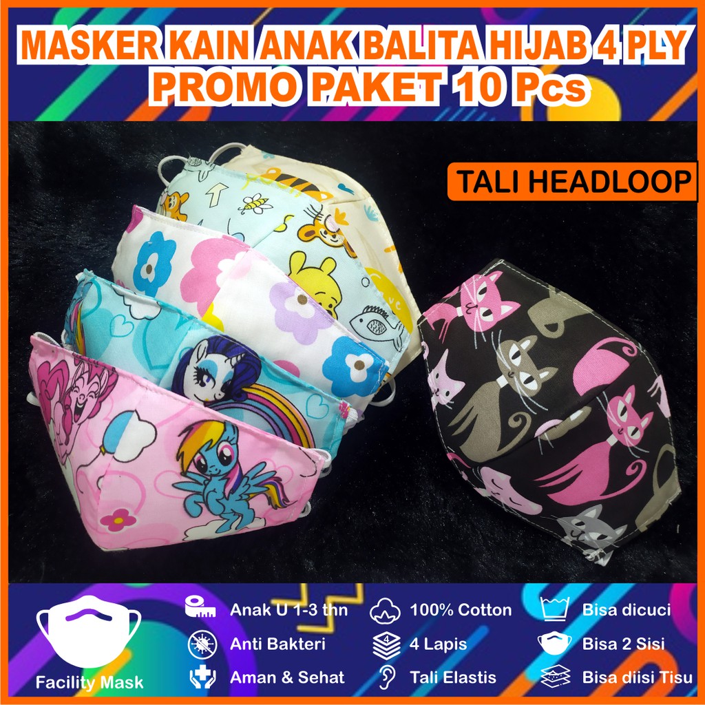PAKET MASKER HIJAB ANAK BALITA 4 PLY KAIN KATUN BISA DIISI TISU MODEL DUCKBILL