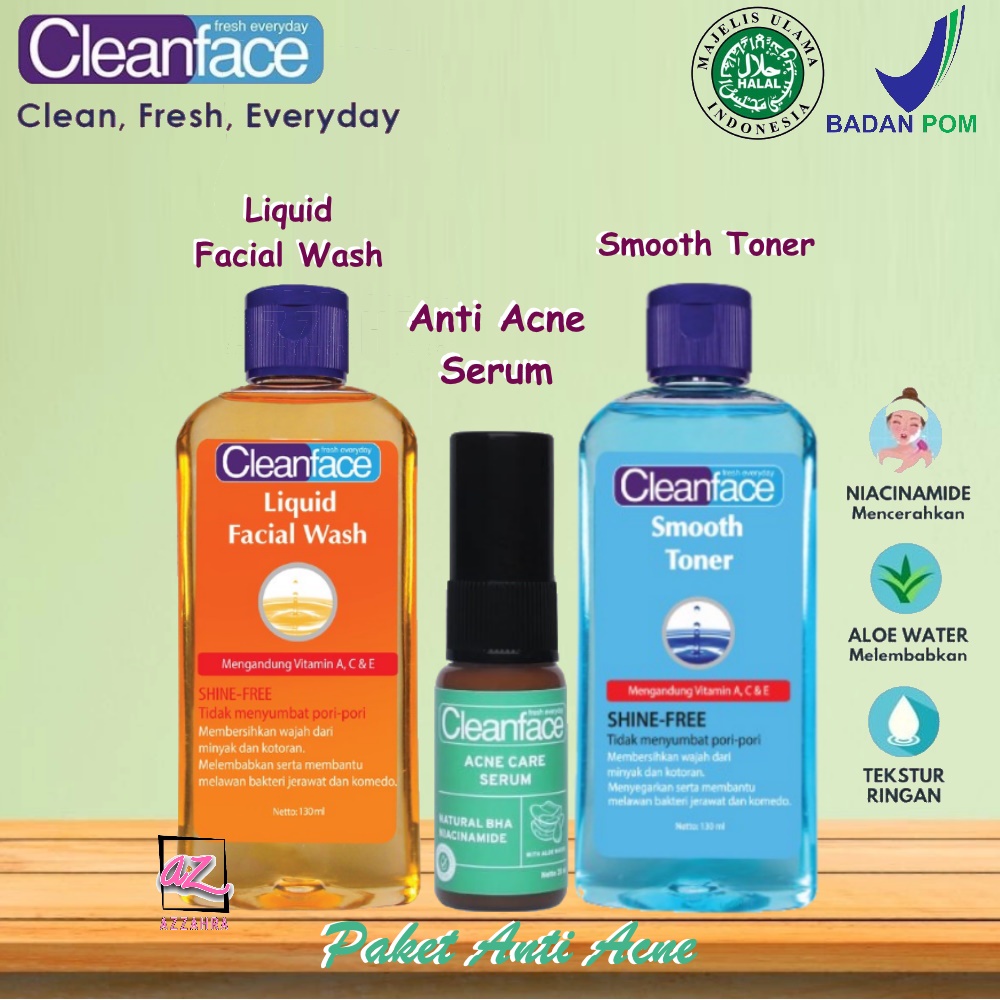 PURBASARI Clean Face Paket Anti Acne [Toner 130ml + Serum + Facial Wash 130ml] - 3pcs