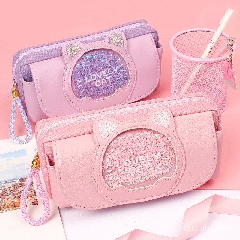 

AGOEE-Quicksand cat pencil case cute pencil bag Three layers Big pen case girls kawaii Stationery bag cart