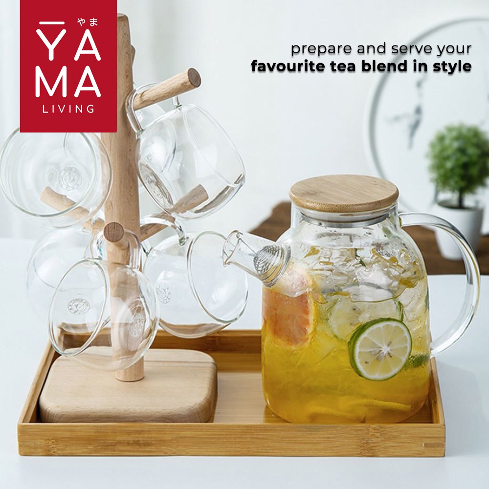 YAMA NATCHI Natural Wood Pitcher Pot Infuser Teko Kaca Bamboo Teapot 1,6 L