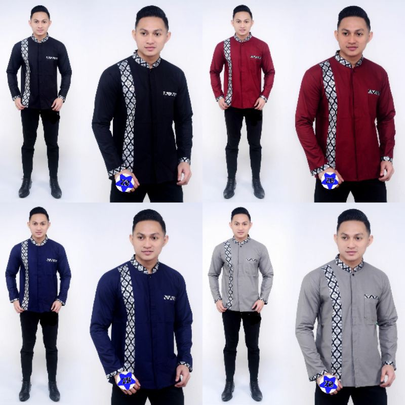 Kemeja Pria Katun Polos Kombinasi Batik Prada / Baju Batik Kertabumi Pria Lengan Panjang