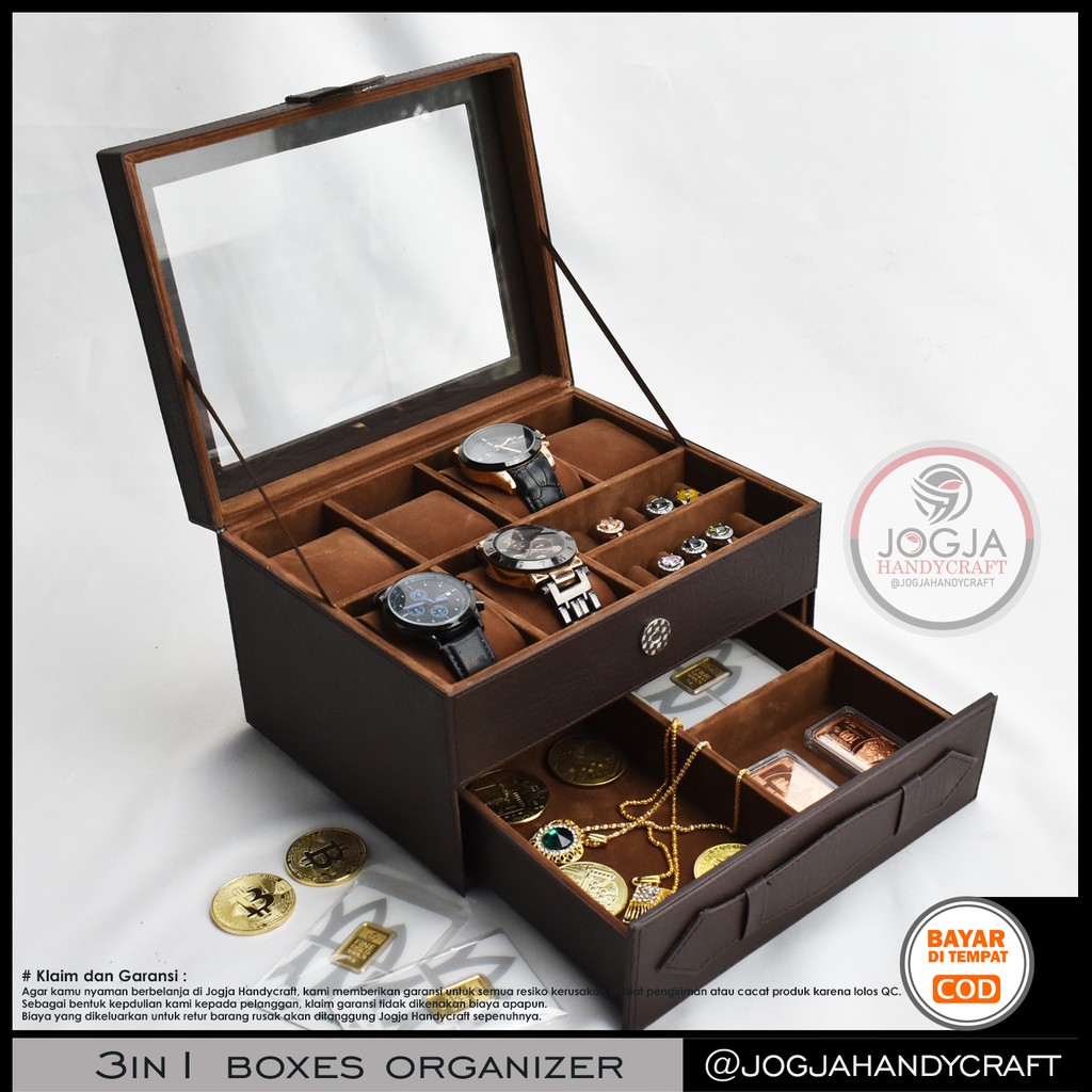 Dark Brown Kotak Tempat Jam Tangan Sport isi 6 + Tempat Perhiasan Cincin Kalung Logam Mulia Antam