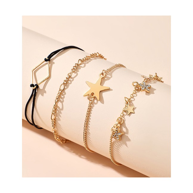 LRC Gelang Kaki Fashion Gold Color Diamond-studded Geometric Five-pointed Star Anklet Set P14836