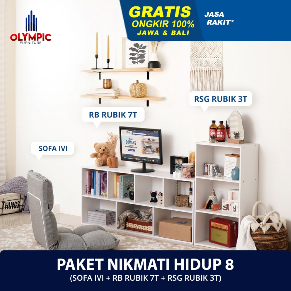 Olympic Paket Ruang Tamu 10 / Nikmati Hidup 8 / Rak Penyimpanan / Rak Serbaguna / Rak TV / Rak Buku 2pcs + Sofa Lantai 1pcs