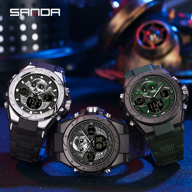 SANDA 6087 Jam Tangan Pria Digital Analog Tali Rubber Chronograph Anti Air WATCHKITE WKOS