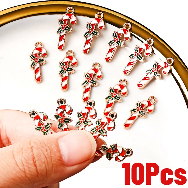 10pcs / Pak Liontin Kalung / Anting Bentuk Tongkat Permen Warna-Warni Untuk Aksesoris Pohon Natal