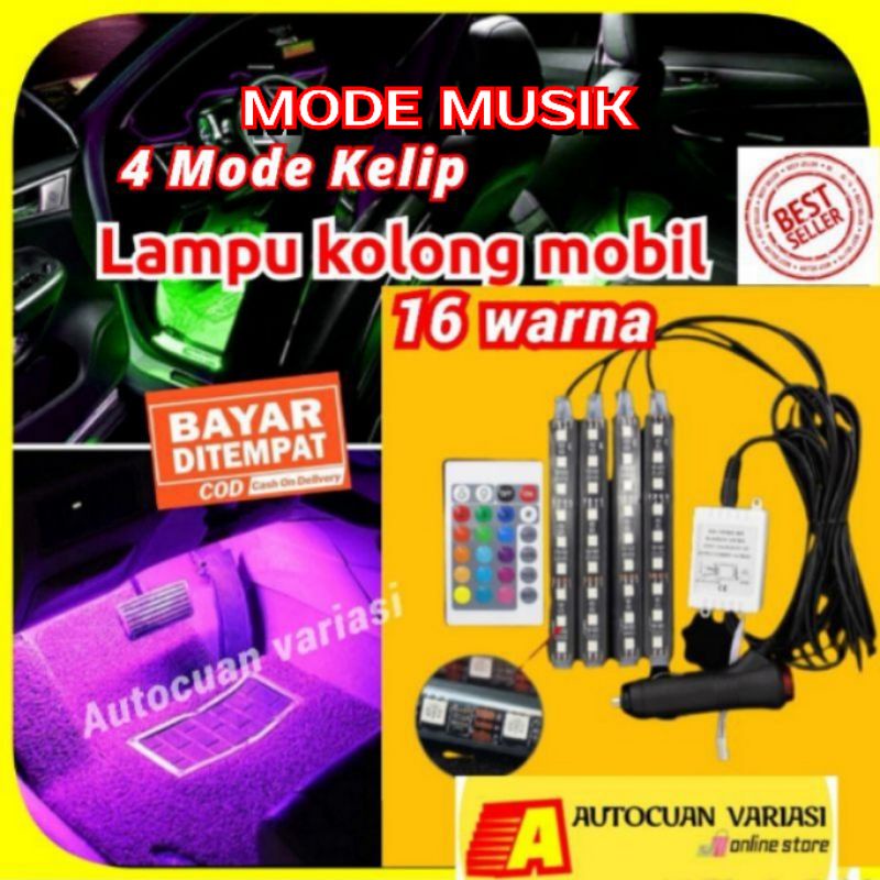 Lampu Mobil LED Kolong Dasboard Sensor Musik RGB + Remot Control 16 Warna DRL 4pcs
