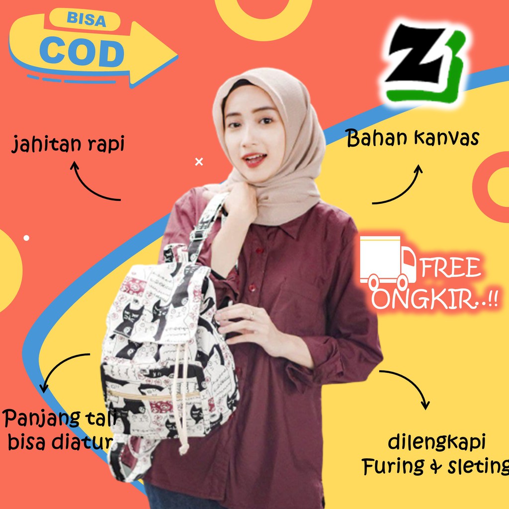 Tas ransel wanita cewek Perempuan Cewe remaja Sekolah kuliah kerja kanvas kekinian serut murah A6-kucing