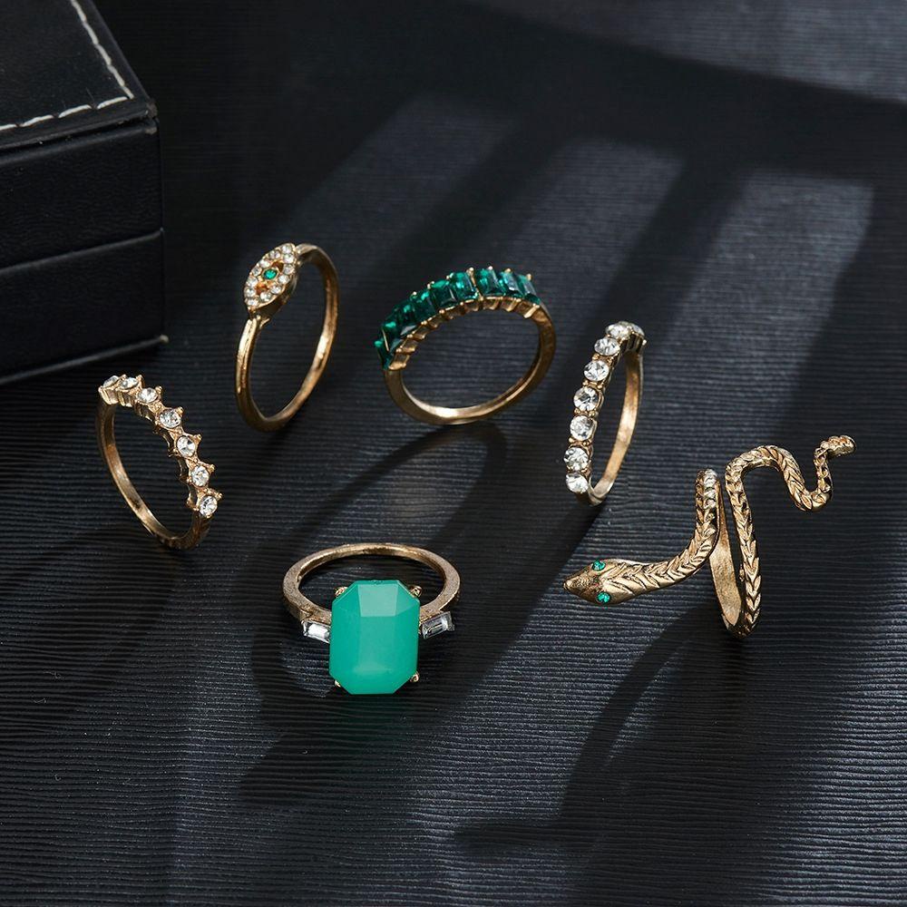 [Elegan] Set Cincin Ular Geometris Gotik Adjustable Emerald Zircon Knuckle Ring Vintage Hijau Berlian Imitasi Alloy Kristal Gaya Korea Jari Cincin