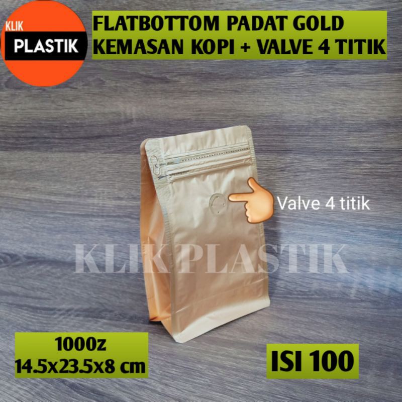 Isi 100 Flatbottom Gold Doff 1000gram+Valve Kemasan Kopi Plastik Klip KPACK
