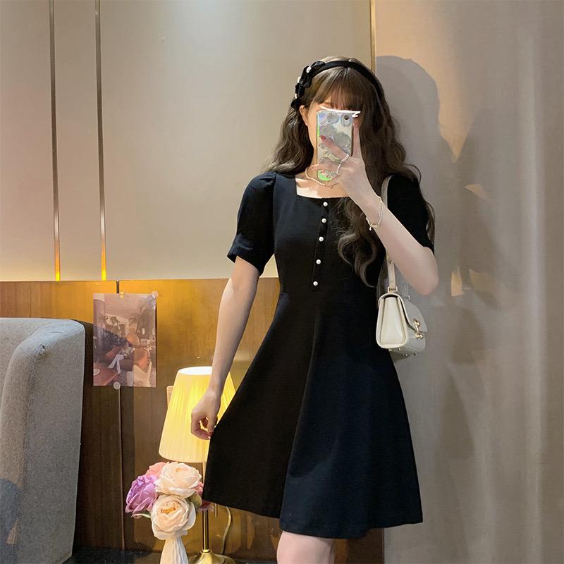 [littlecrab] Dress Hitam Classic With Pearl Squareneck A-Line Simple Elegan Dress Pendek Gaun Pesta Import Modern Berkualitas Korean Style