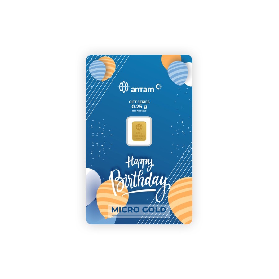 KADO ULANG TAHUN MICRO GOLD EMAS ANTAM HARTADINATA 0.25 GRAM HAPPY BIRTHDAY BALON BIRU HADIAH LOGAM 