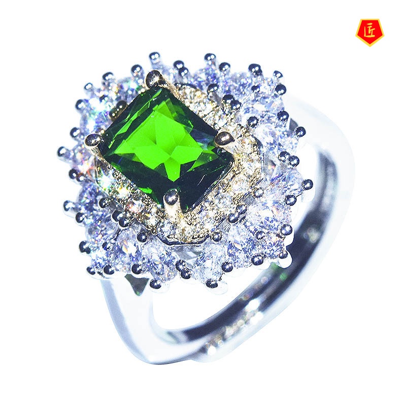 [Ready Stock]Luxury Inlaid Emerald Open Ring