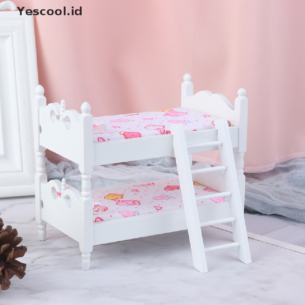 【Yescool】 1:12 Dollhouse Kids Mini Bunk Bed Toy Bedroom Model for Children Doll Accessery .