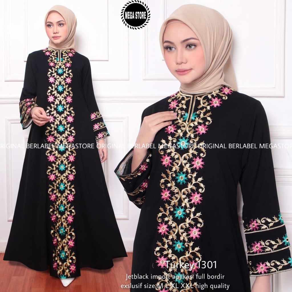 TOP NEW GAMIS ABAYA TURKEY HITAM MOTIF BORDIR / ABAYA TURKEY MURAH / ABAYA JERSEY / TURKEY 1301