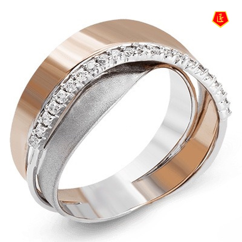 [Ready Stock]Creative Cross Winding 14K Gold Two-Tone Diamond-Studded Ring