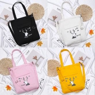 Twenty Bag - Tas Tote Bag Wanita Resleting Terbaru 2022 Aesthetic Kekinian Motif Carakter DEER SNOW Korea Style Multifungsi