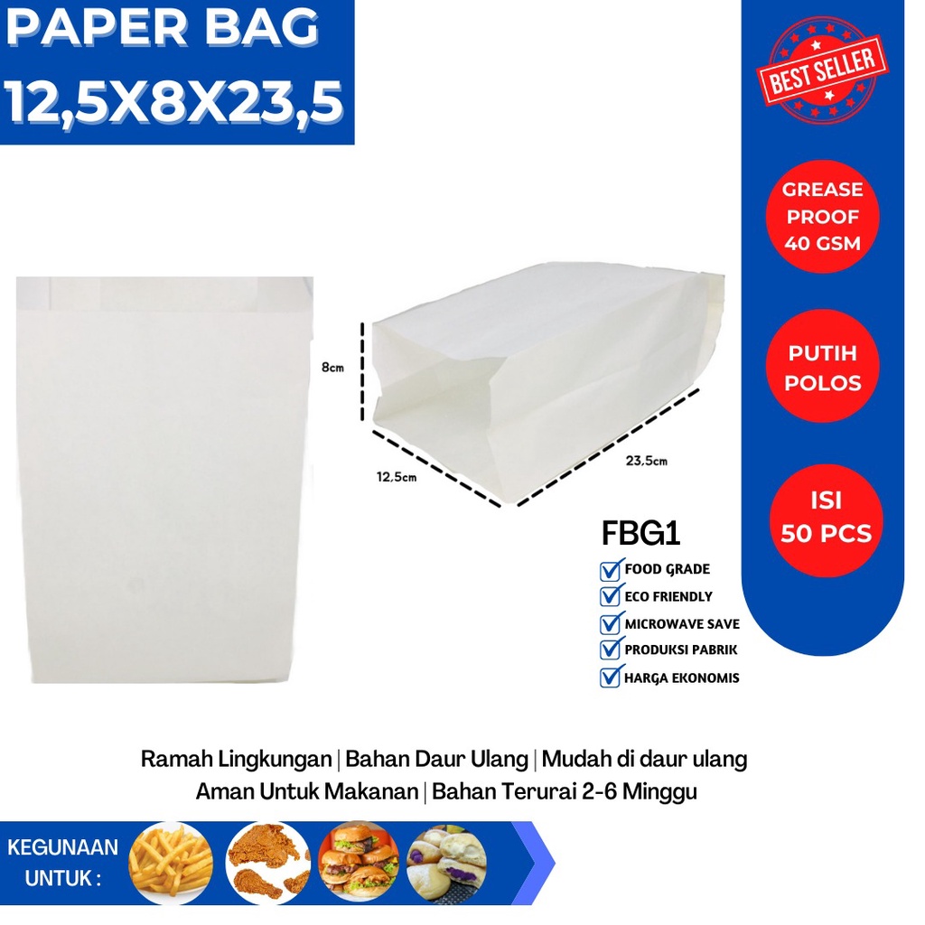 Paper Bag Roti Size 12.5x8x23.5 (Isi 50 Pcs-FBG1W)