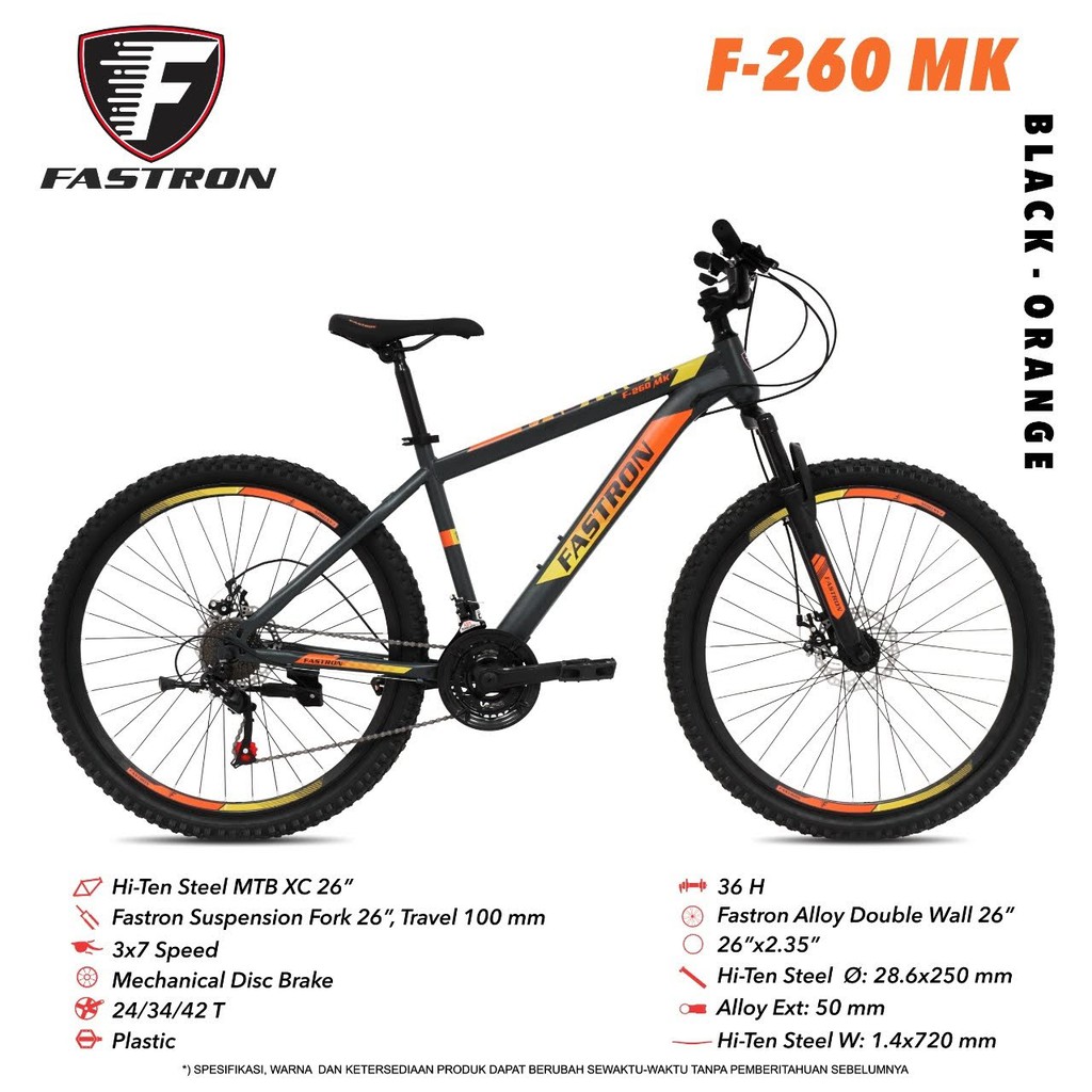 Sepeda Gunung Fastron F260MK 26" x 2.35" MTB Steel 3x7Sp Fork Travel 100mm Mech Disc Brake
