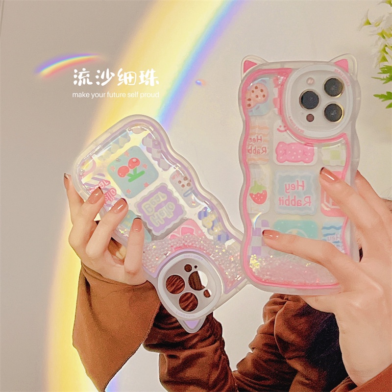 IPHONE Wavy Telinga Kucing Mengalir Manik-Manik Shell Kartun Puzzle Stiker Casing Ponsel Kompatibel Untuk Iphone11 12 13 Pro Max X Xs Max XR Bening Shockproof Lembut TPU Penutup Belakang