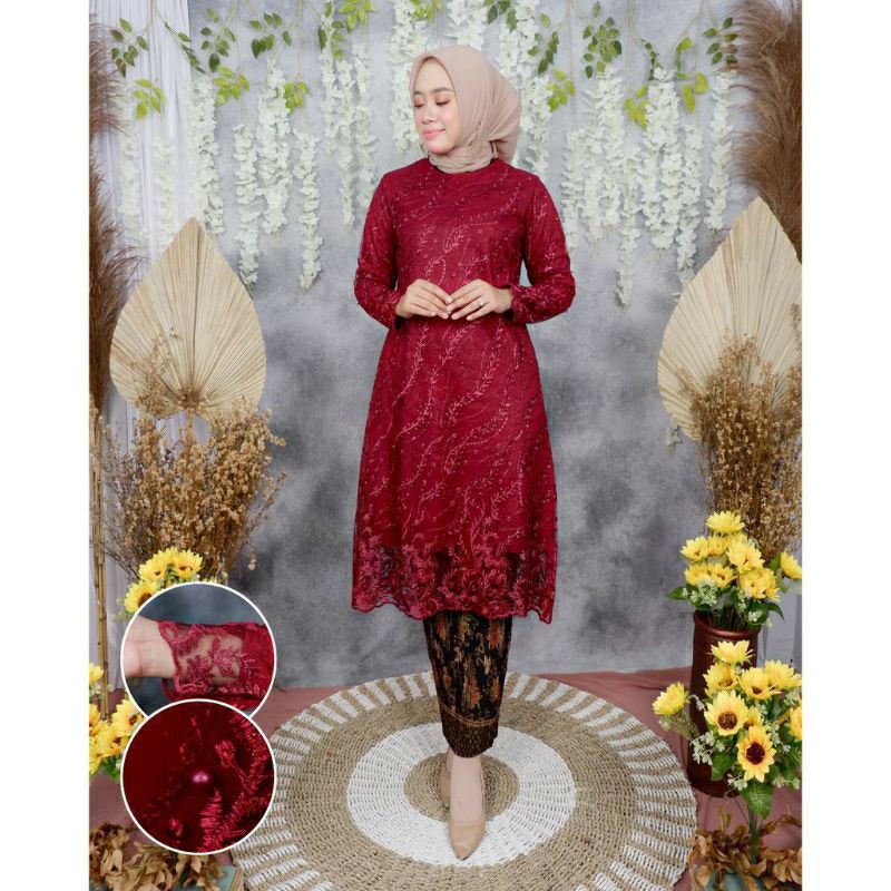 Tunik Tulle /Kebaya Tunik Bordir/Kebaya Modern/Kebaya/Kebaya Kondanagn/Baju Kebaya-Maroon