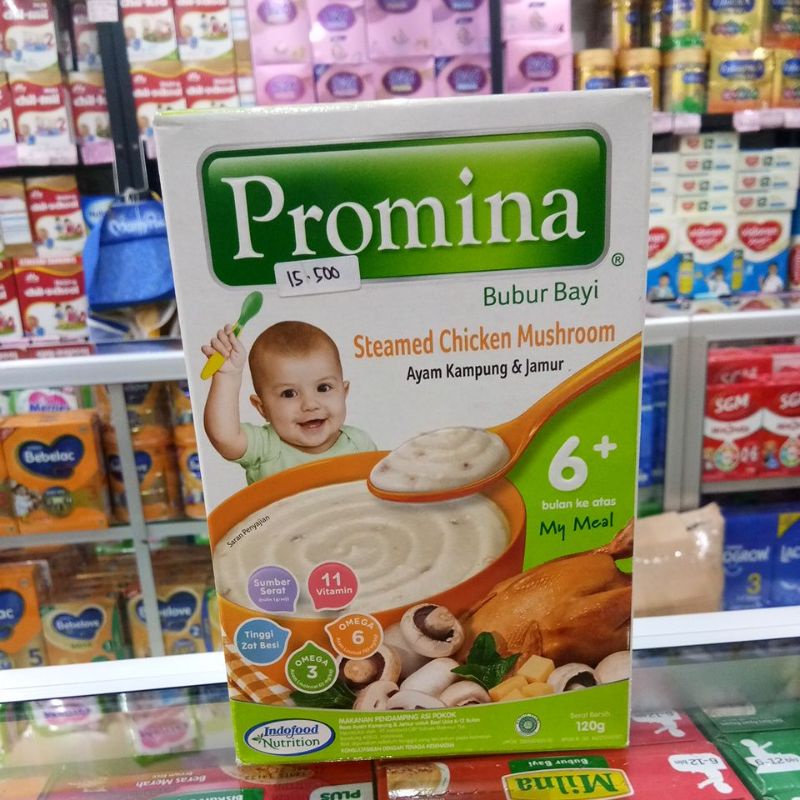 PROMINA BUBUR BAYI 6+ 120G PISANG SUSU,SMOOTH KACANG HIJAU,MILKY BERAS MERAH,STEAMED CHICKEN MUSHROOM, BEEF STEW WITH CARROT, CHEEZY CHICKEN BROCCOLI