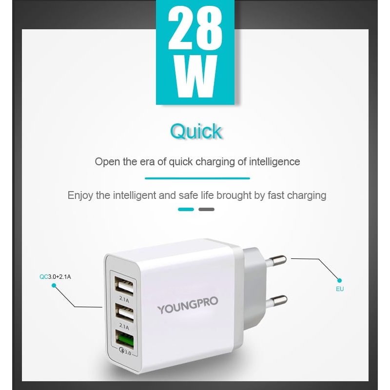 GARANSI 12 BULAN!! YOUNGPRO YPC03 28W 3 Port Quick Charge QC 3.0 Fast Charging Dual 2.1A USB Port